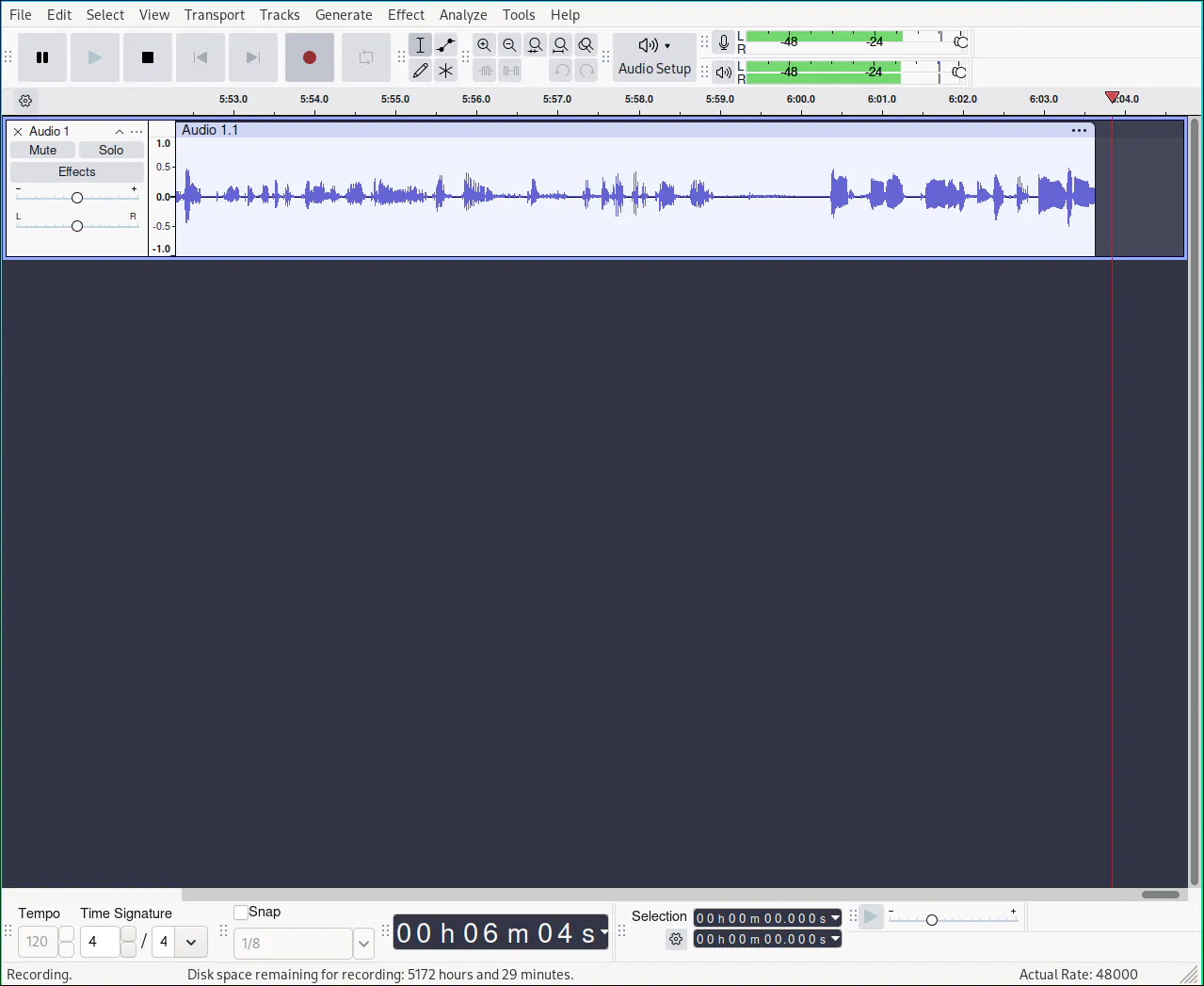 Screenshot of Audiacity, with an active recording in progress. Recording is currently 6 minute and 4 seconds long
