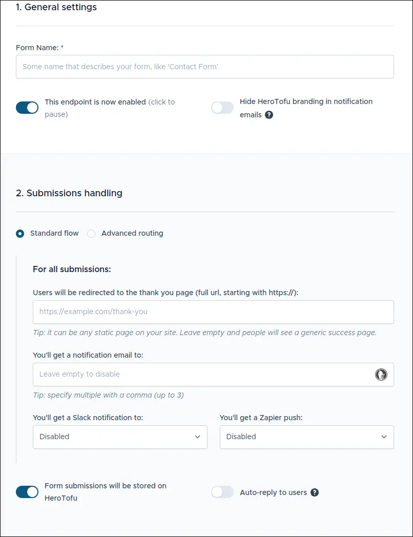 Screenshot of HeroTofu’s service showing the Form’s General settings and Submission handling. 