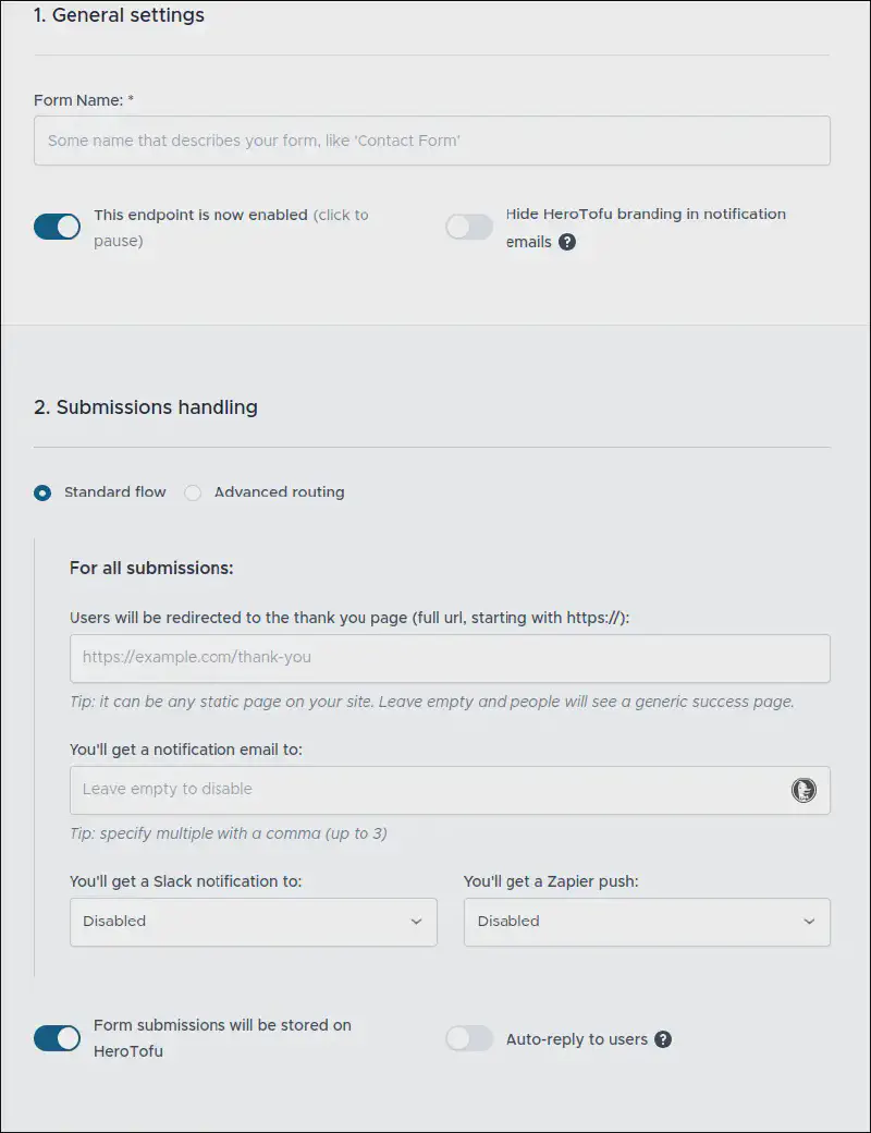 Screenshot of HeroTofu&rsquo;s service showing the Form&rsquo;s General settings and Submission handling. 