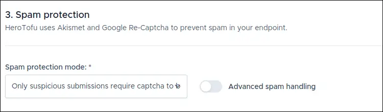 Screenshot of HeroTofu’s service showing the Form’s Spam Protection settings. 