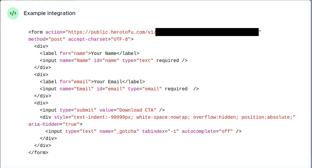 Screenshot of the HeroTofu Form Endpoint’s example code, which shows the form action needed to integrate into your site