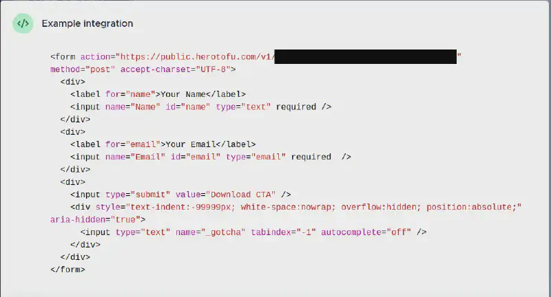 Screenshot of the HeroTofu Form Endpoint&rsquo;s example code, which shows the form action needed to integrate into your site