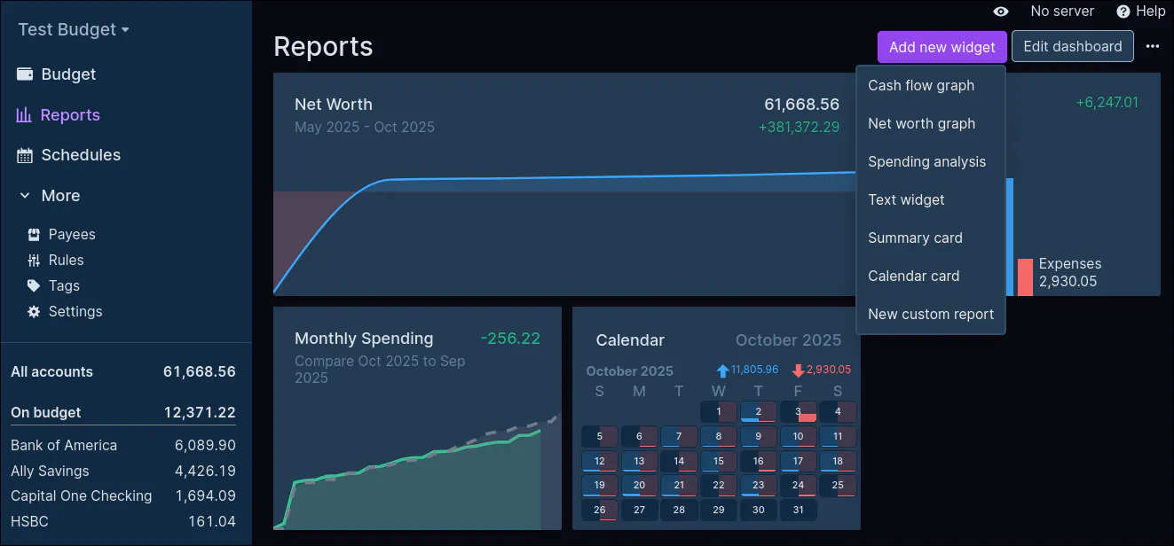 Screenshot of Actual Budget's Report page, showing a net worth graph, expense vs income  graph, monthly spending, and a calendar. The mouse has selected 'add new widget' which shows several new options including a cash flow graph, net worth graph, spending analysis, text widget, summary card, calendar card, and a new custom report. The page also shows an edit dashboard button